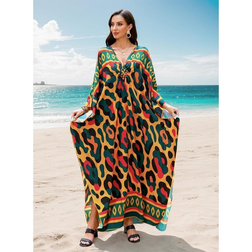 Women Orange & Green V-neck Batwing Sleeve Flowy Split Hem Bohemian Kaftan Dress - Picture 7 of 7